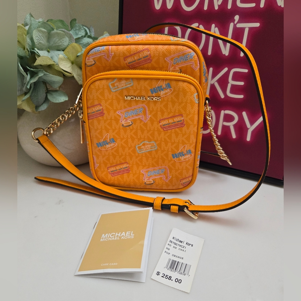 Michael Kors Jet Set Signature Logo Embellished Orange Pop Crossbody Bag - Picture 2 of 10